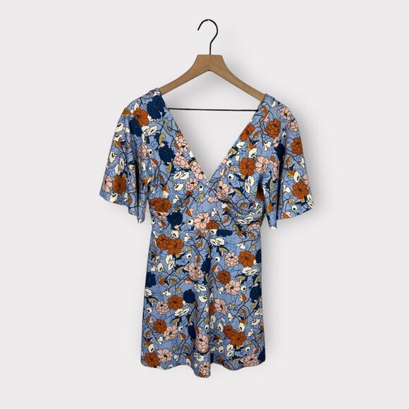 Zara 70's Retro Blue Floral Bell Sleeve Deep V-Neck Mini Dress Medium - Picture 2 of 5